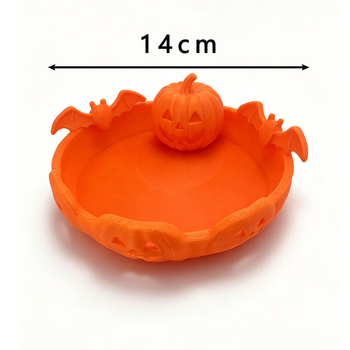 Halloween decorative bowl with carved pumpkin and bat appliqué