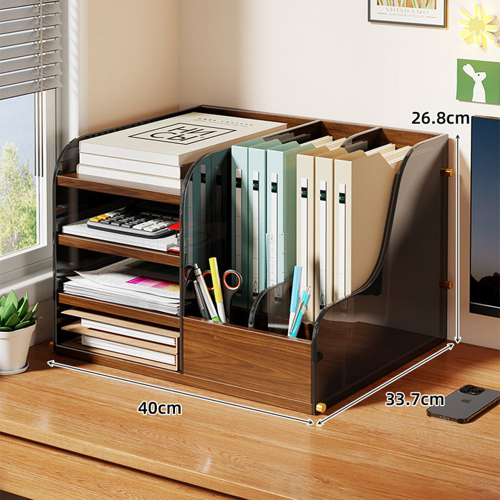 Modular Wooden Desk Organizer with Acrylic File Sorter and Pen Compartments