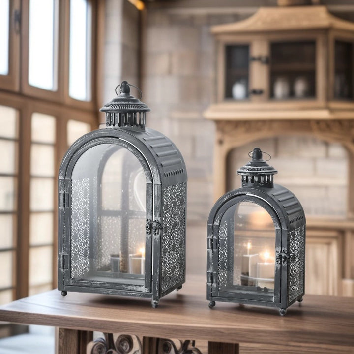 Antique-Style Arched Metal and Textured Glass Candle Lantern for Pillar Candles Kalsten