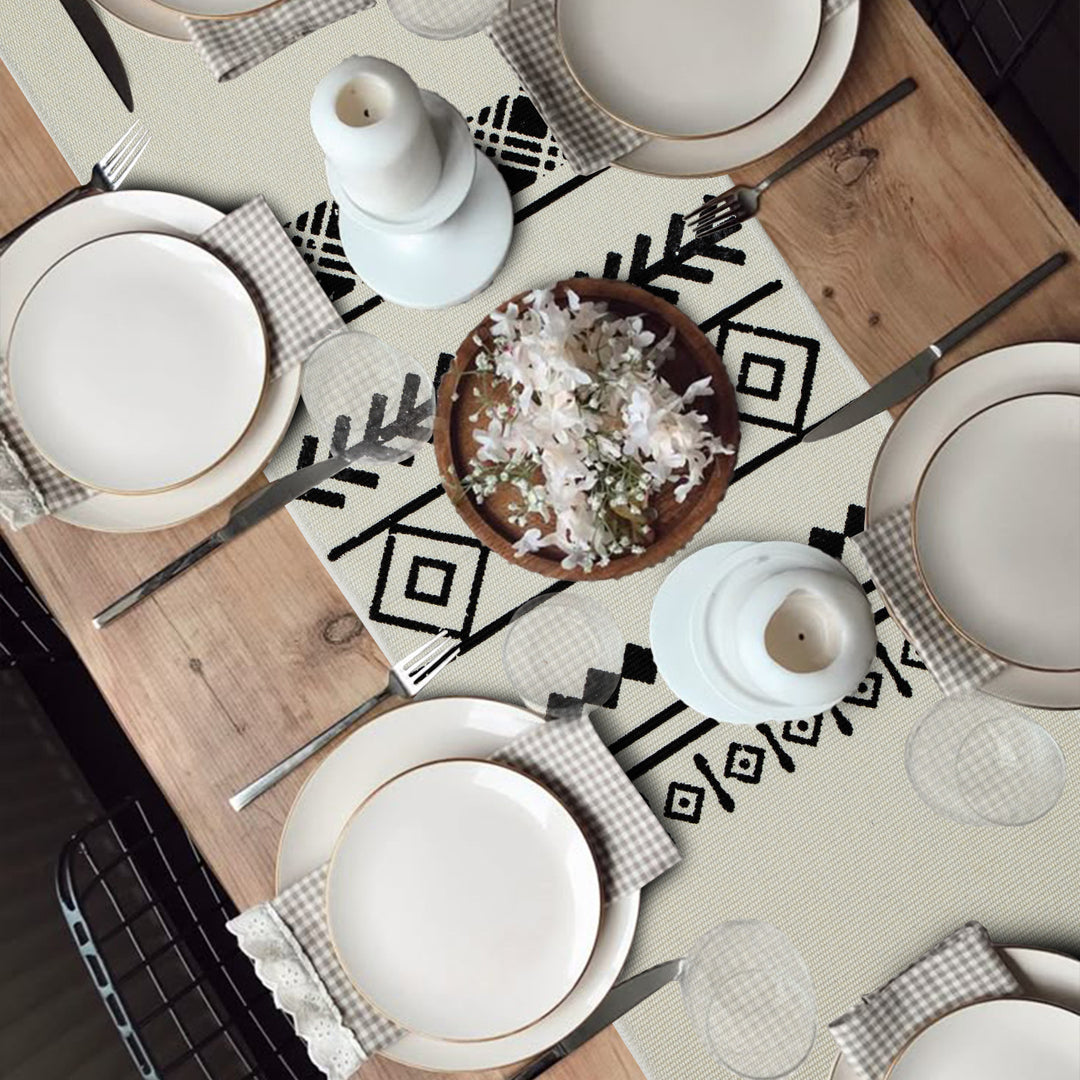 Boho table runner made of cotton blend with woven ethnic jacquard and decorative fringes Kalsten