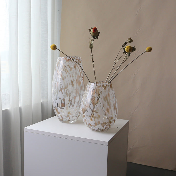 Handblown Speckled Art Glass Vase Pair with Sculptural Tall-and-Short Silhouettes Kalsten