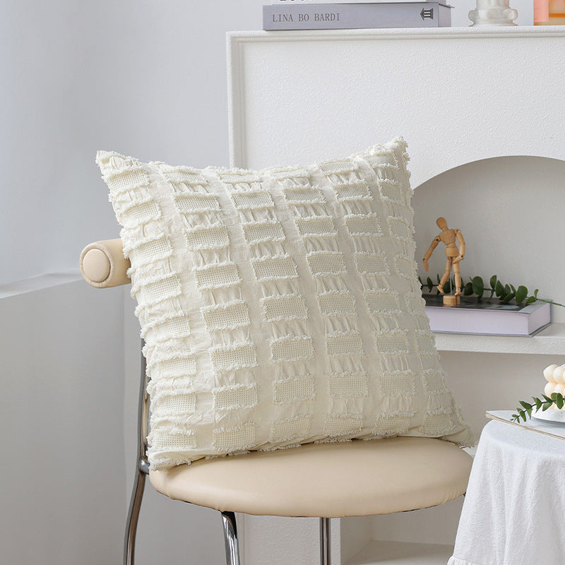 Square decorative pillow cover made of cotton blend with relief rectangular tufts and fringed edge Kalsten