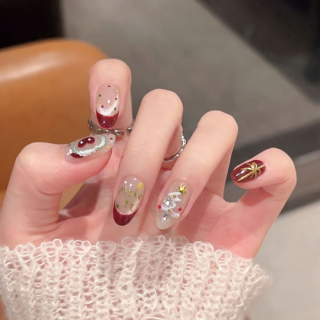 Festive Press-On Nail Art Set with Holiday Designs Kalsten