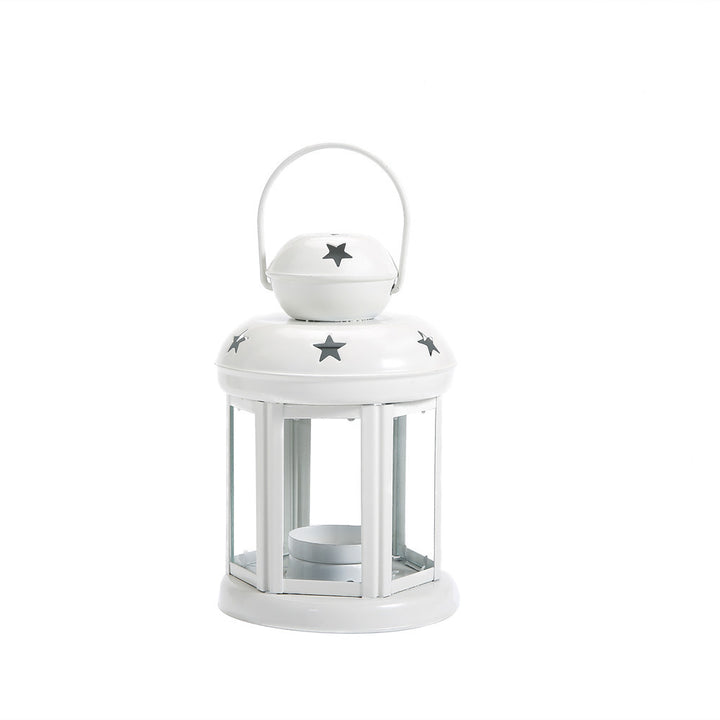 Hexagonal Glass-Paneled Metal Tealight Lantern with Star Vent Cutouts Kalsten
