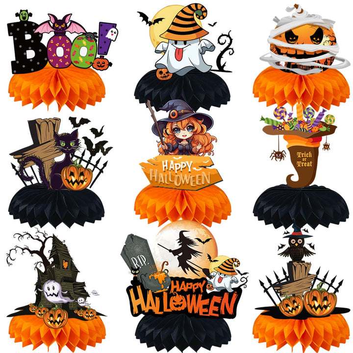 Paper Halloween table decoration with three-dimensional honeycomb centerpieces