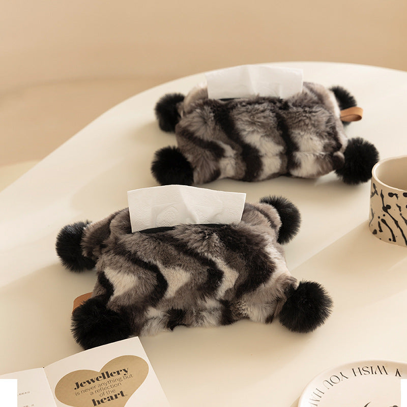 Cozy tissue box cover made of artificial fur with pom-pom application Kalsten