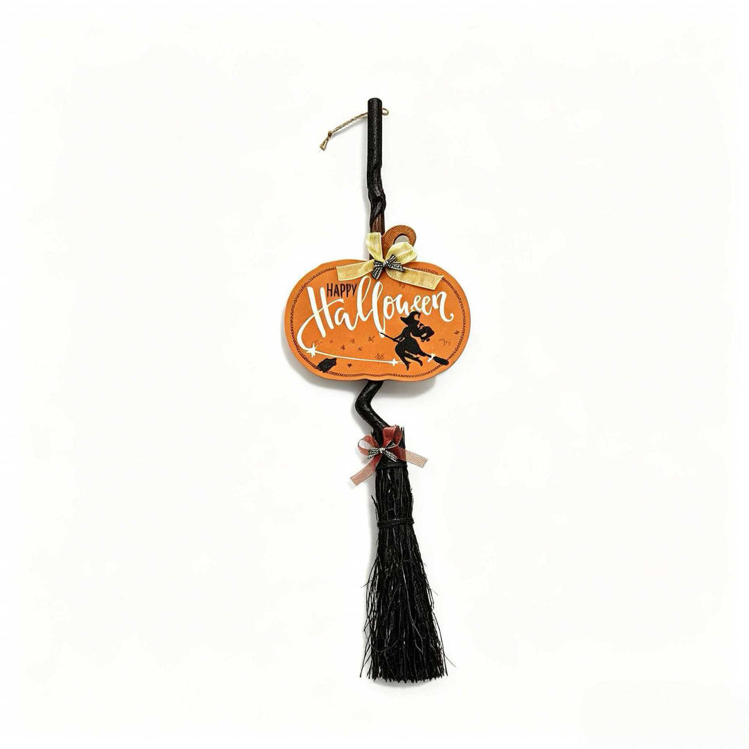 Hanging Halloween Decor Broomstick Pendant with Twisted Handle and 'Hocus Pocus' Sign