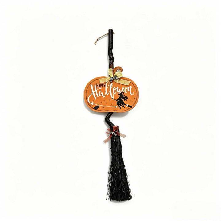 Hanging Halloween Decor Broomstick Pendant with Twisted Handle and 'Hocus Pocus' Sign