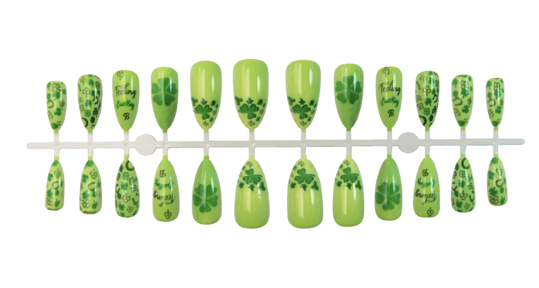 Art nail set with cheerful clover designs and casual lettering motifs Kalsten