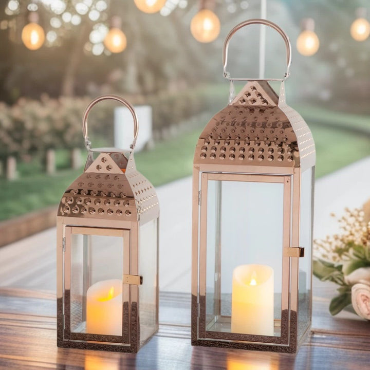 Decorative Metal and Glass Candle Lantern Set with Hinged Door Perforated Dome Top & Carry Handle Kalsten