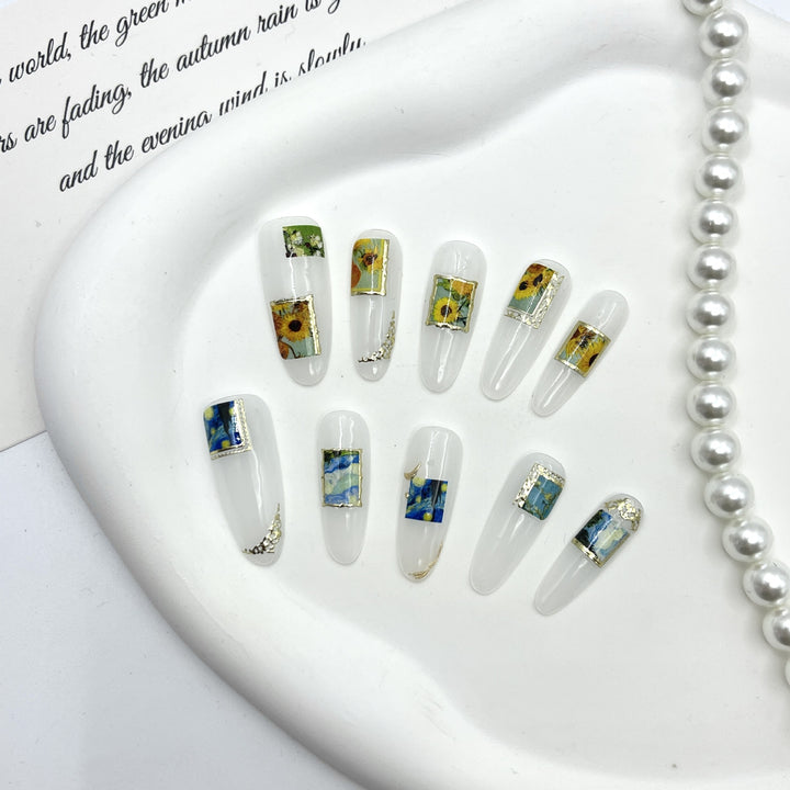 Artistic Press-On Nail Set with Floral and Scenic Designs