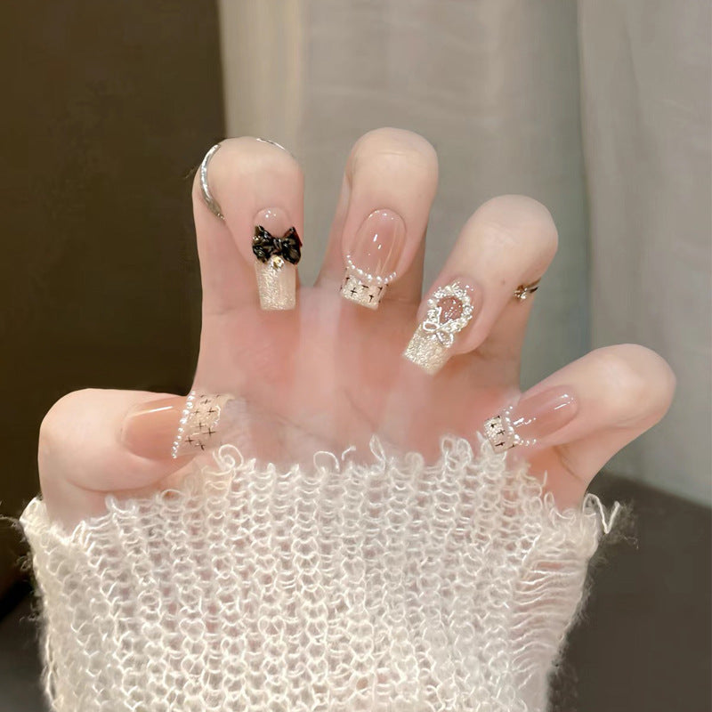 Decorative Press-On Nail Set with Artistic Bow & Glitter Accents Kalsten