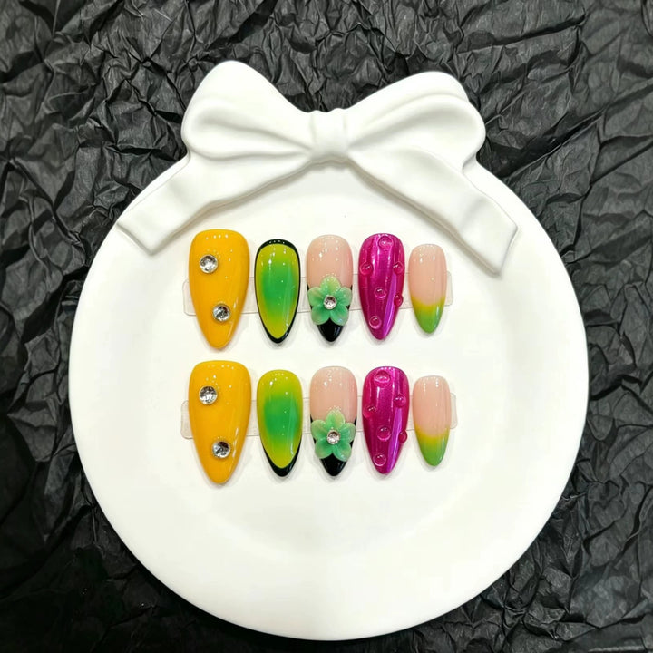 Artistic Press-On Nail Set with Floral and Gradient Designs