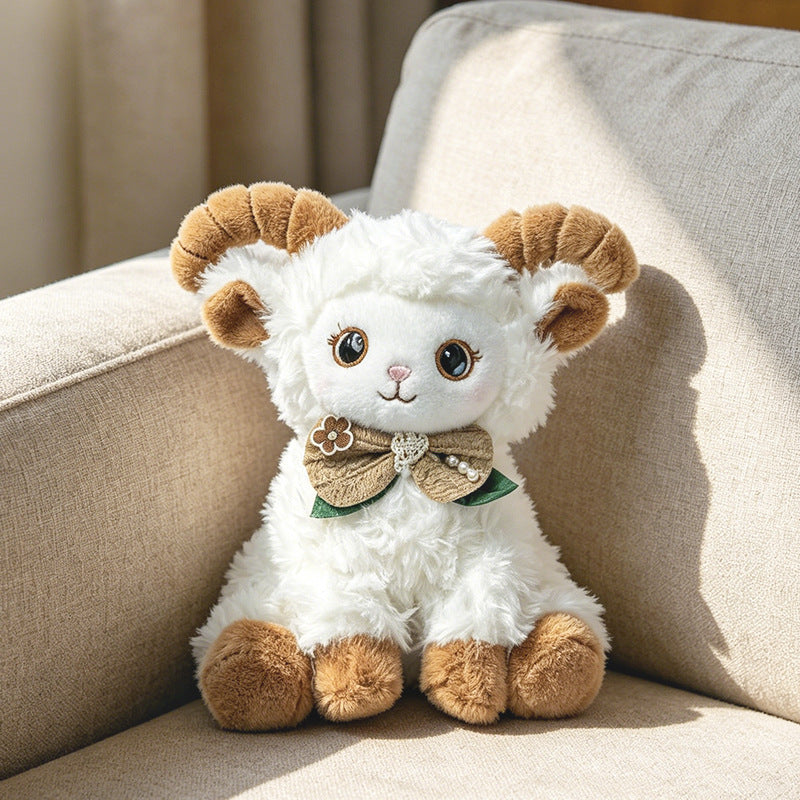 Curled-Horn Ram Plush Collectible with Embroidered Face, Bow Collar & Soft Faux Fur Kalsten