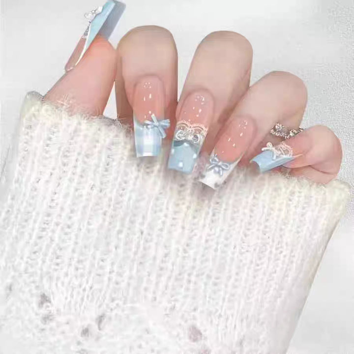 Artistic Press-On Nail Art Set with Decorative Floral and Gemstone Accents Kalsten