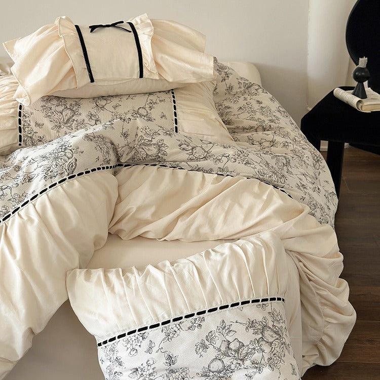 Romantic cotton percale bedding set with fine toile print and ruffle trim