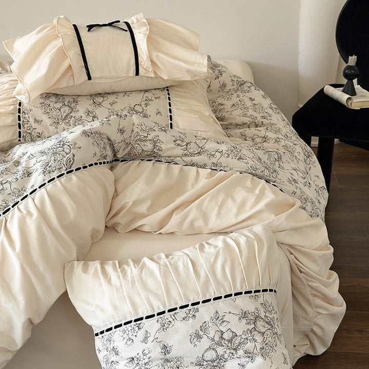 Romantic cotton percale bedding set with fine toile print and ruffle trim