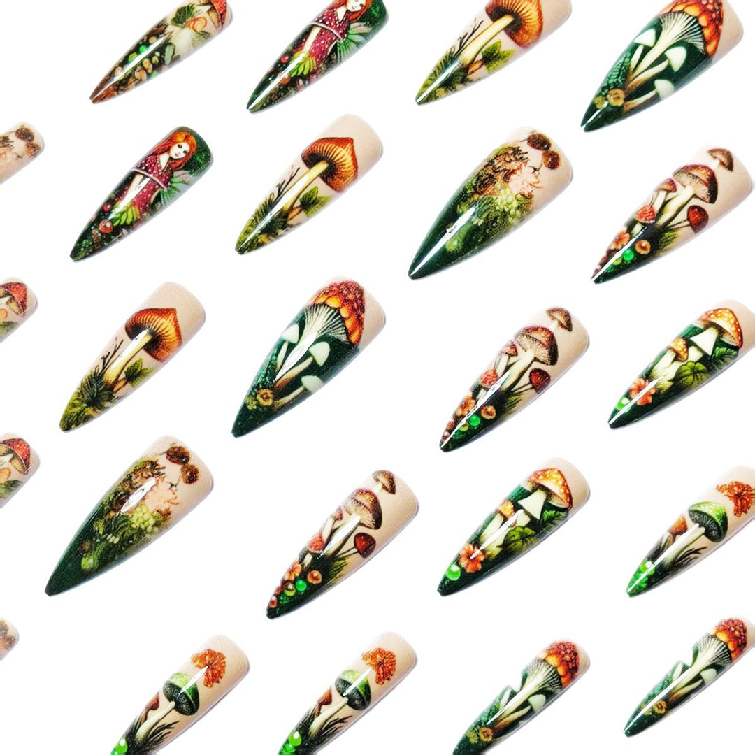 Creative artificial nails with playful fairy and mushroom design Kalsten