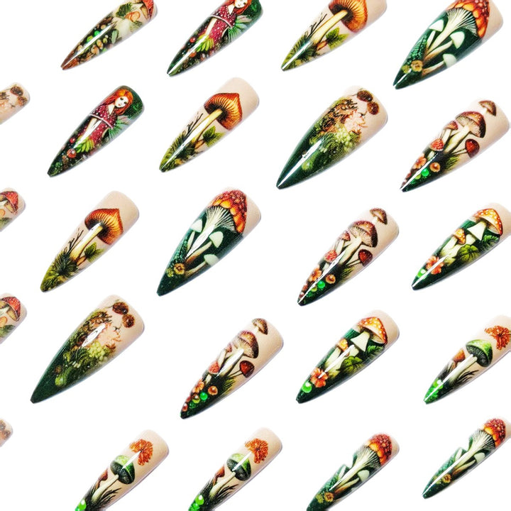 Creative artificial nails with playful fairy and mushroom design Kalsten