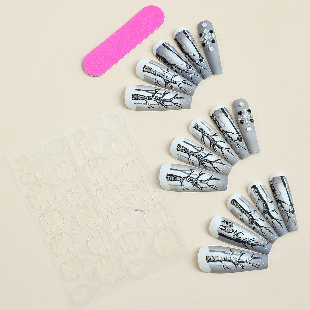 Fashionable Press-On Nail Art Set with Elegant Winter Tree Design Kalsten