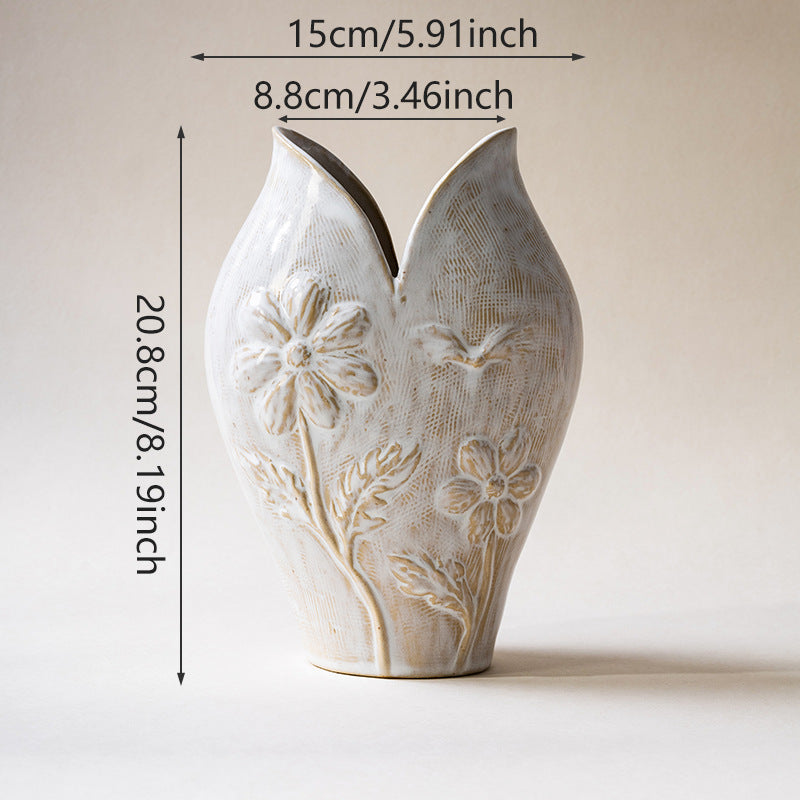 Handmade Textured Earthenware Flower Relief Bud Vase