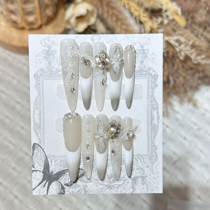 Decorative Stiletto Press-On Nail Art Set with Elegant Lace and Gemstone Accents Kalsten