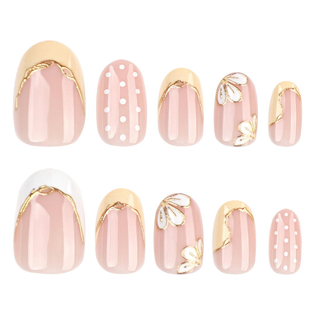 Artful Nail Extensions with Floral Design and Elegant Gold Accents Kalsten