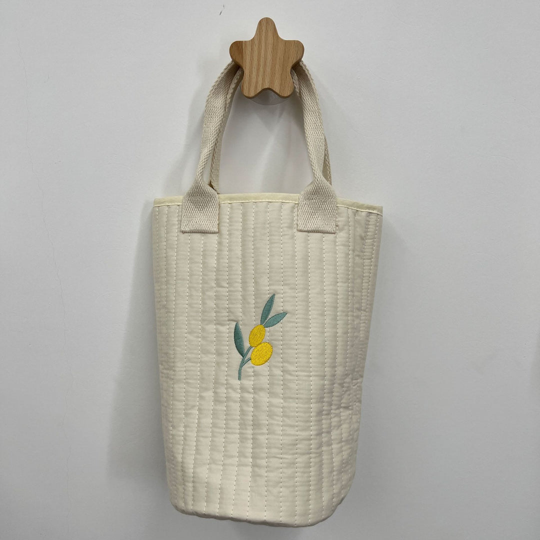 Quilted Cotton Canvas Tote Bag with Embroidered Lemon Motif and Short Webbing Handles