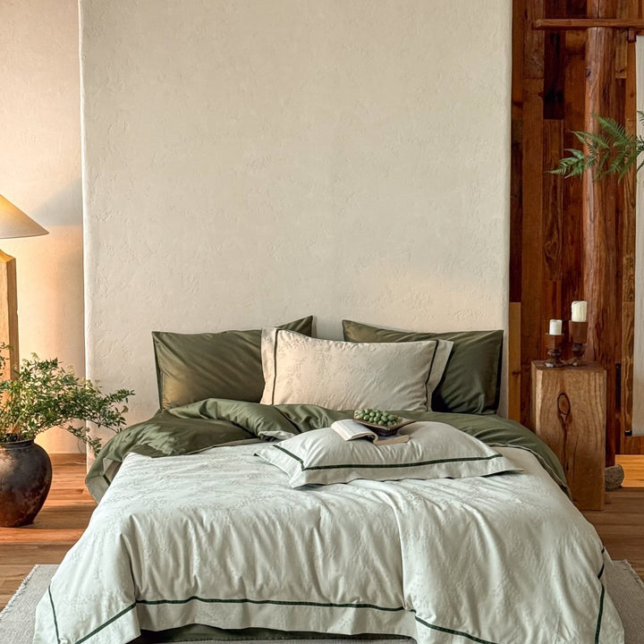 Premium bedding set made of breathable cotton blend with contrasting piping