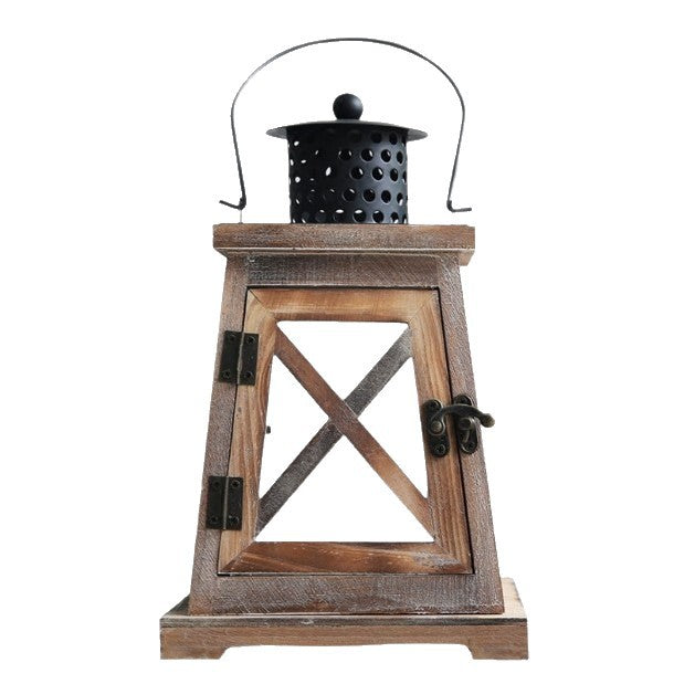 Vintage Farmhouse Glass-Panel Tapered Wooden Lantern with Perforated Metal Chimney Kalsten