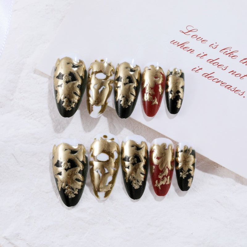 Elegant artificial nails with gold and black pattern Kalsten