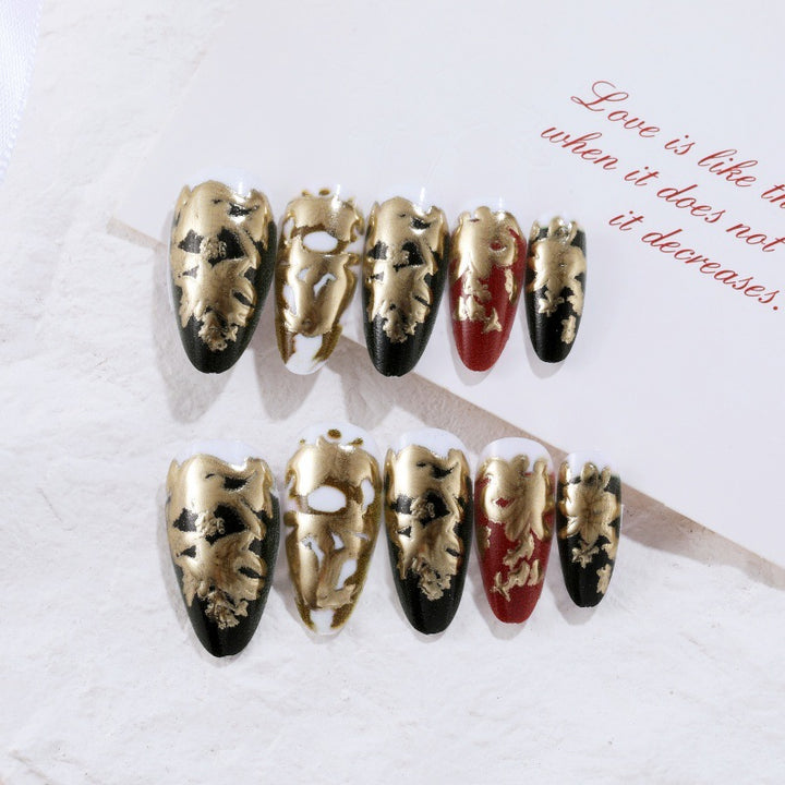 Elegant artificial nails with gold and black pattern Kalsten