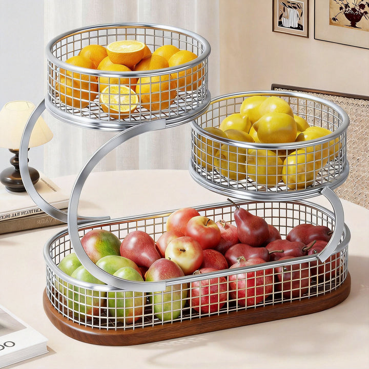 Three-Tier Metal Mesh Countertop Fruit & Produce Display Stand