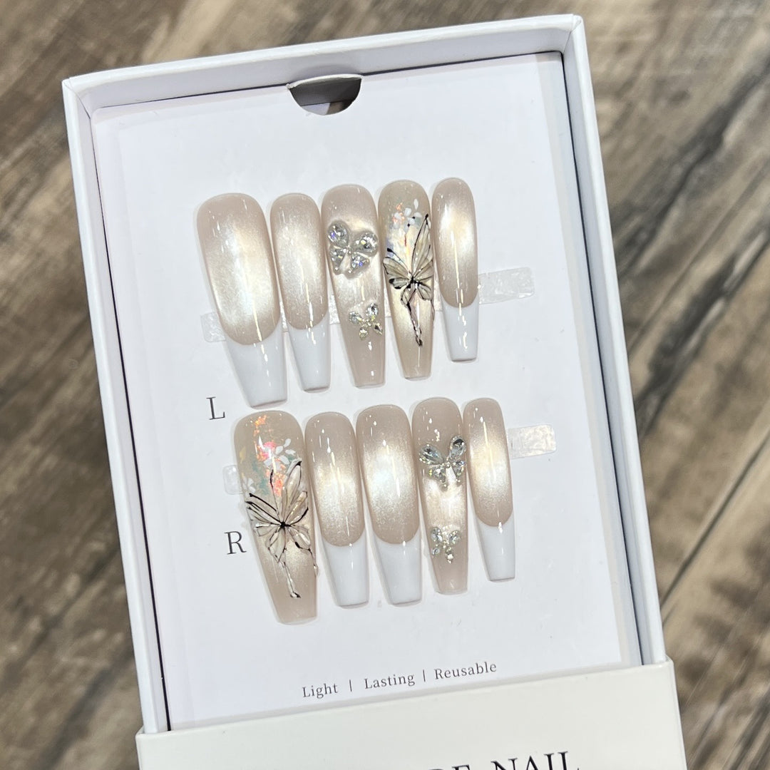 Elegant Press-On Nail Art Set with Butterfly and Jewel Accents Kalsten