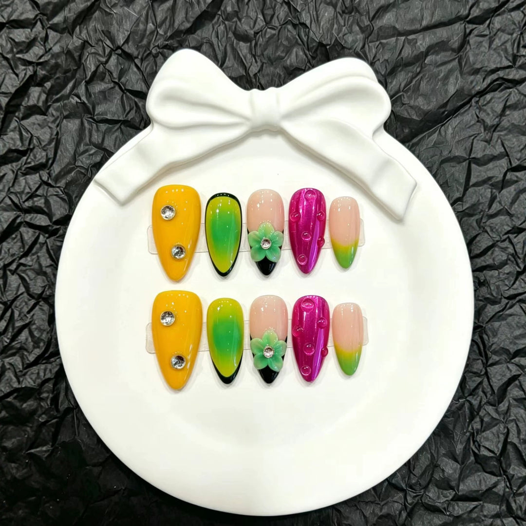 Artistic Press-On Nail Set with Floral and Gradient Designs