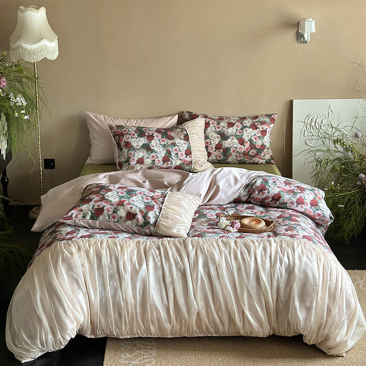 Luxurious satin bedding set with rose pattern and ruffled bed skirt