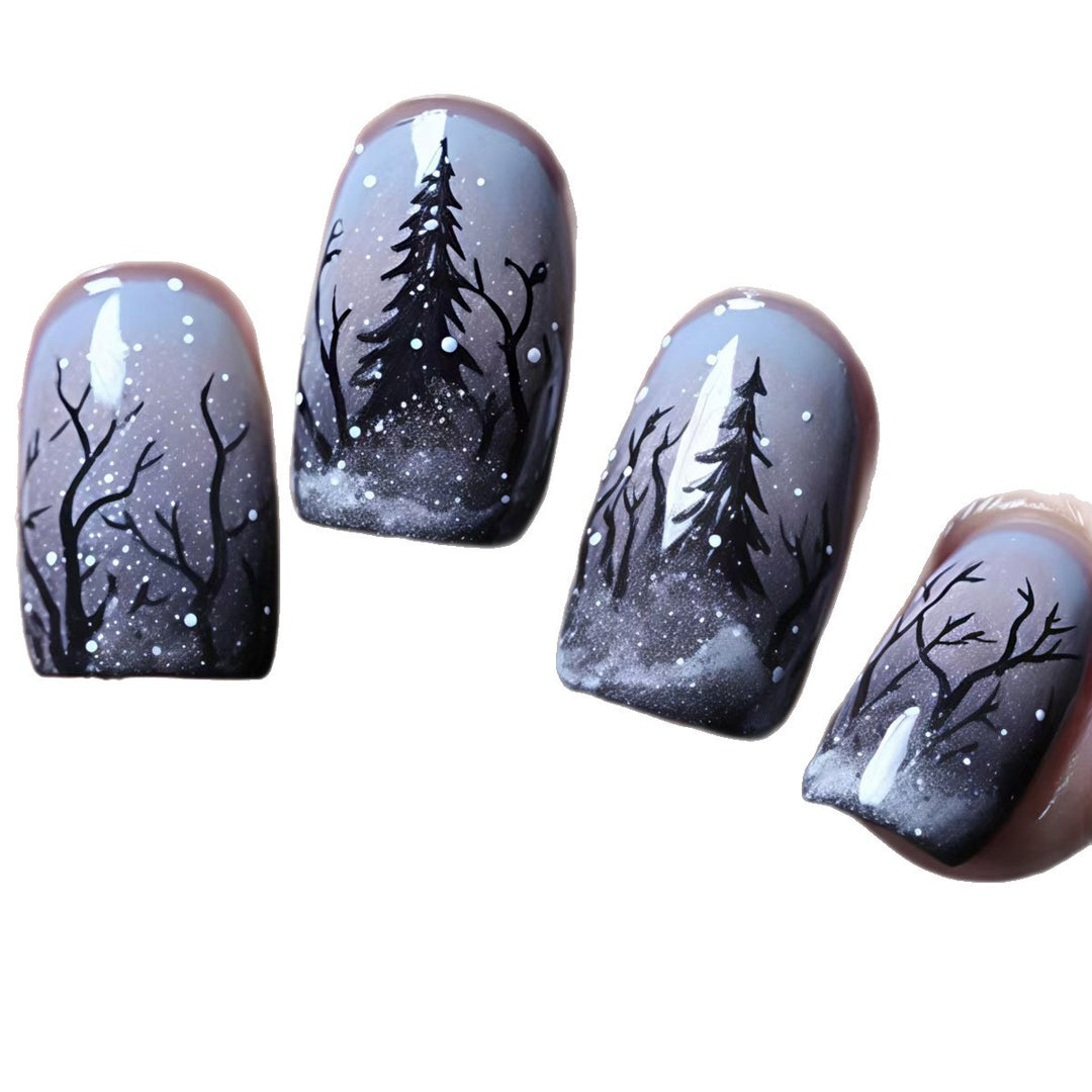 Artificial nail art with winter forest motif Kalsten