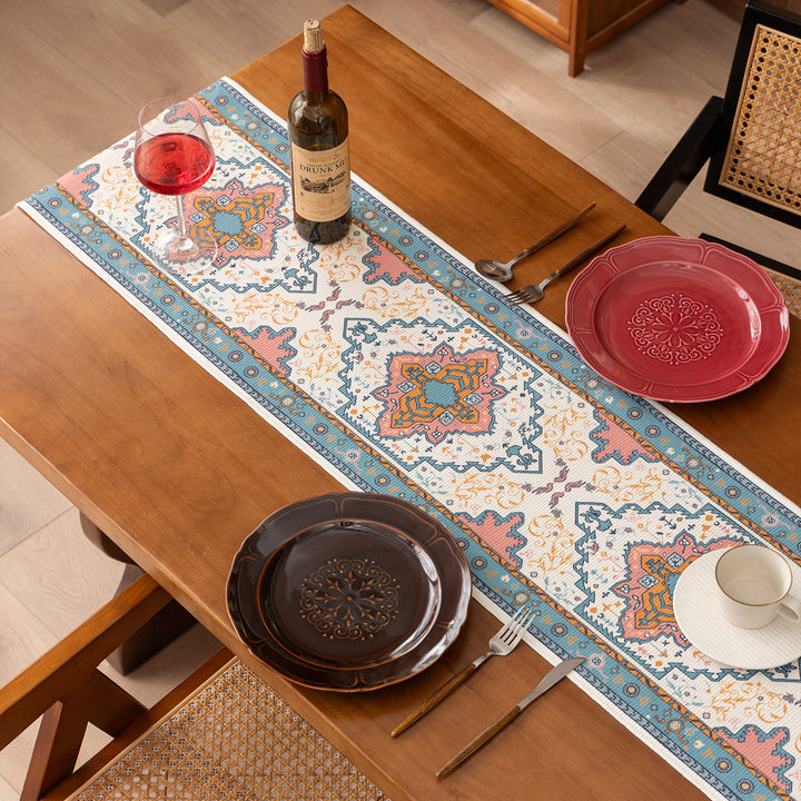 Woven table runner made of cotton blend with oriental medallion pattern and fringes Kalsten