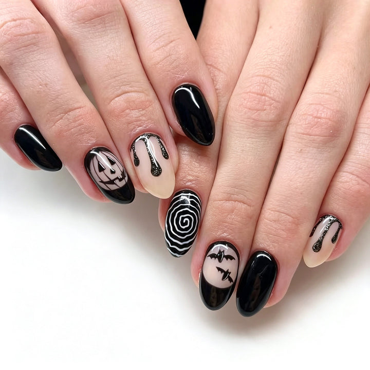 Themed Press-On Nail Art Set with Halloween Motifs