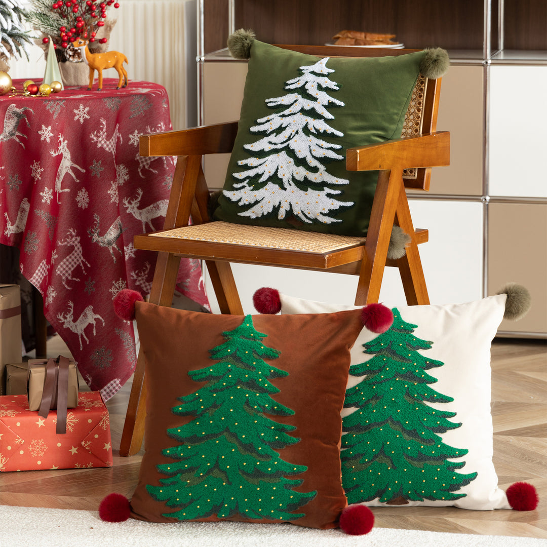 Decorative velvet cushion cover with hand-tufted Christmas tree, pompom corners and bead application Kalsten