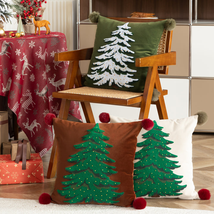 Decorative velvet cushion cover with hand-tufted Christmas tree, pompom corners and bead application Kalsten