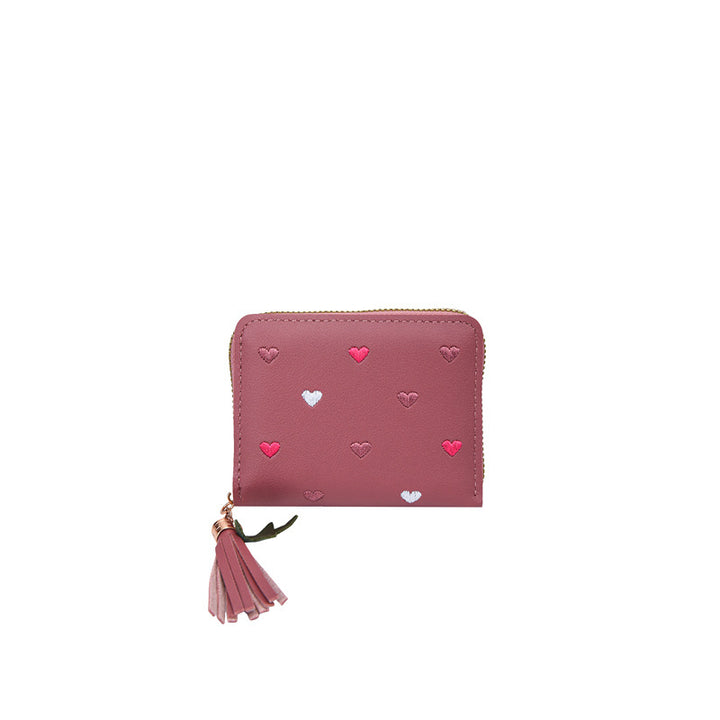 Compact Heart Patterned Zip Wallet