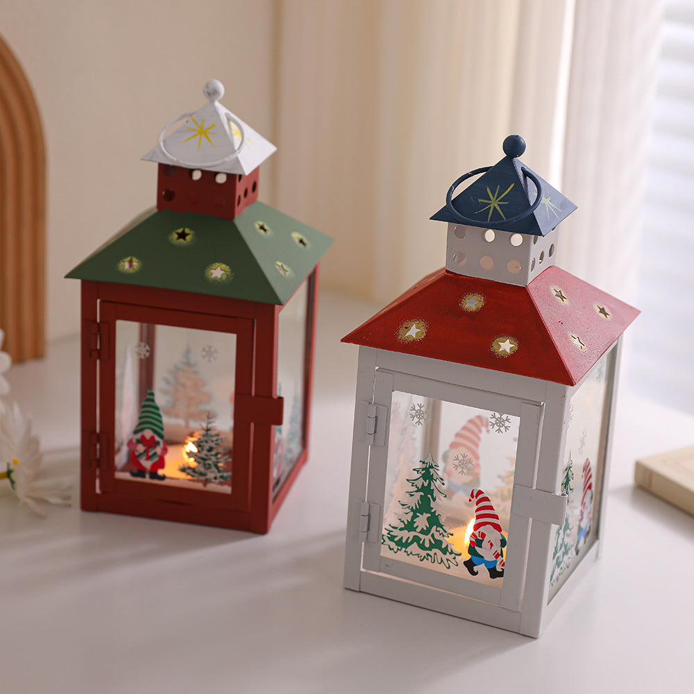 Decorative Holiday Tea Light Lantern with Glass Pane Gnome & Pine Motif Kalsten