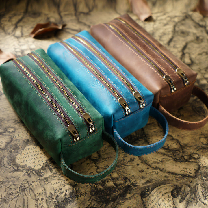 Dual-Zipper Leather Pencil Case