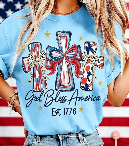 Women's nan patriotic graphic cotton tee with cross ribbon print Kalsten