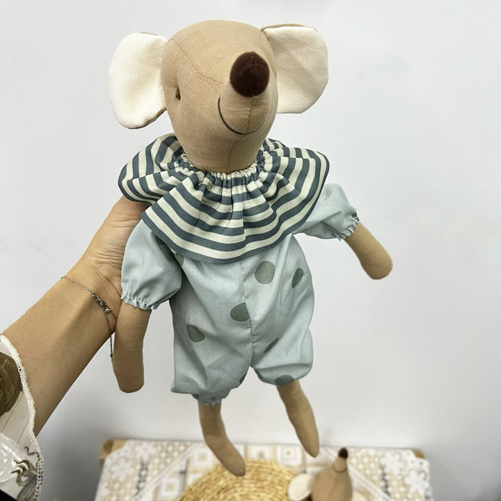 Handcrafted Linen Elephant Plush Doll with Striped Ruffle Collar and Soft Romper