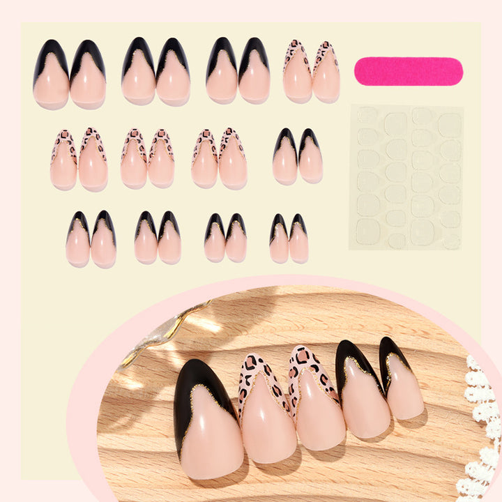 Stiletto Press-On Nail Set with Creative Leopard and Glossy Black Accents Kalsten