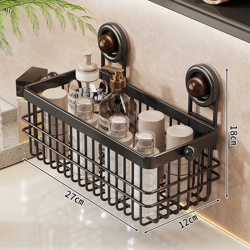 Suction-Mounted Rectangular Bathroom Vanity Organizer Basket with Drainage Grid and Removable Cup