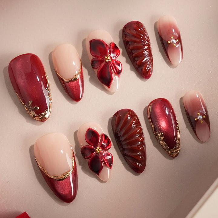 Decorative Press-On Nail Art Set with Floral and Glossy Accents kalsten
