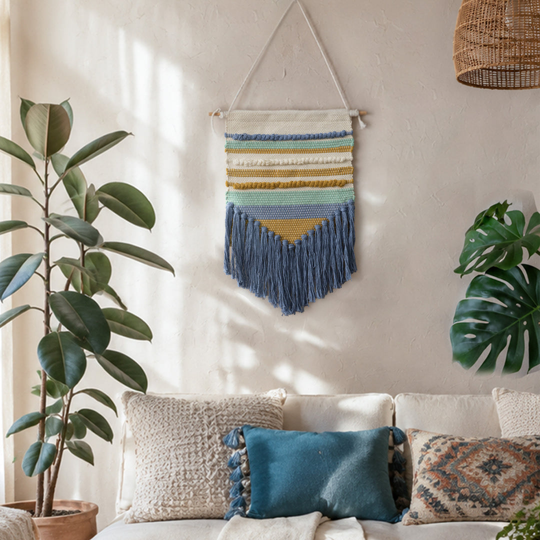 Boho Wall Hanging Macrame with Hand-Knotted Fringes and Woven Cable Patterns Kalsten